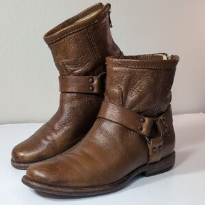 Frye Brown Leather Phillip Harness Ankle Boots Size 6.5